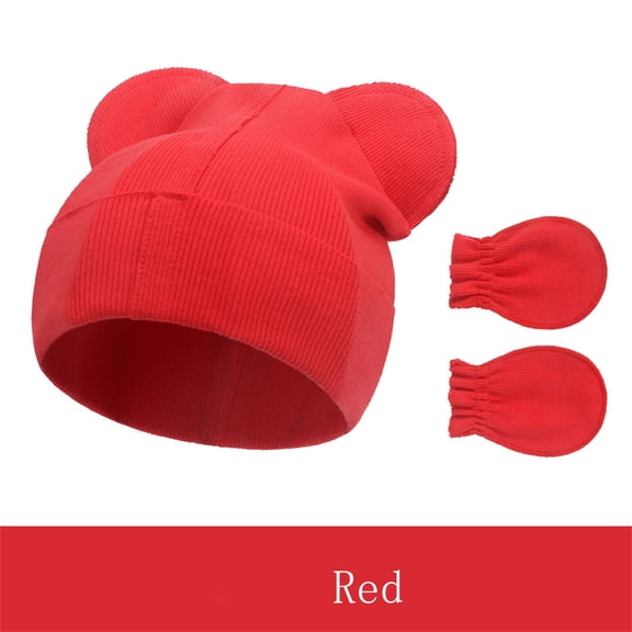 Baby Ribbed Cotton Hat and Mittens Set with Bear Ears Design, Soft Stretchable Knit Cap for Infants, Warm Winter Set for Newborn Boys Girls, Cute Animal Themed Gift Set for Christmas, New Year Red