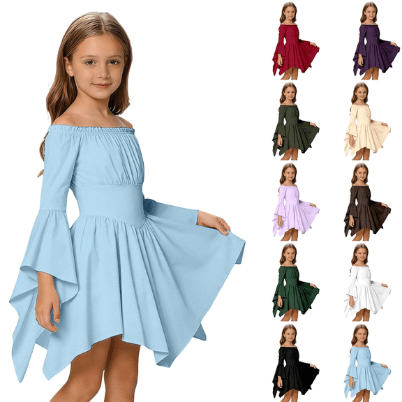 Girls Off Shoulder Halloween Medieval Pirate Dress, Ruffle Flare Sleeve Handkerchief Hem Costume Dress for Party, 3-12 Years