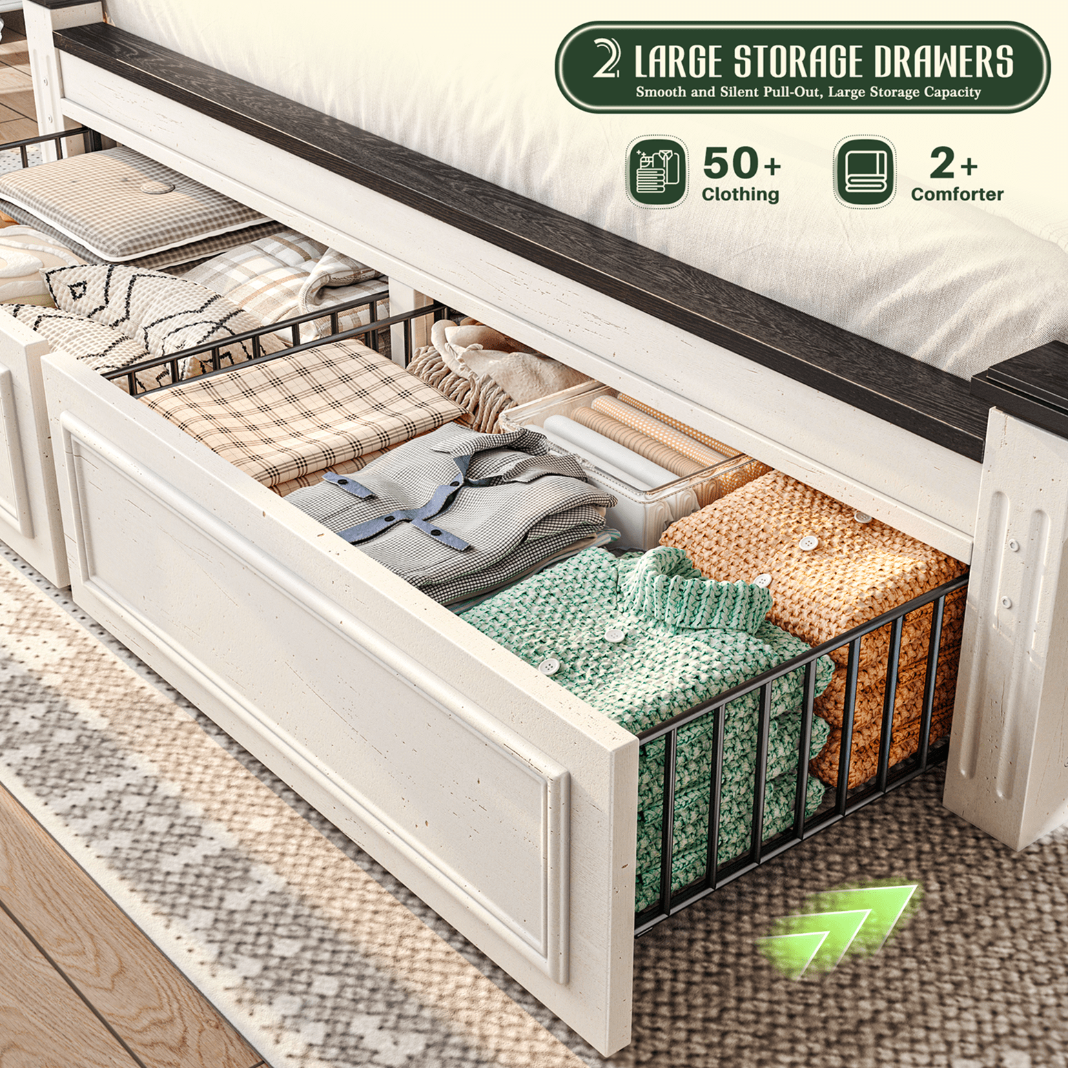 EnHomee Queen Bed Frame with 2 Storage Drawers Queen Size Bed Frame with 51.25" H Headboard Farmhouse Bed Frame NO Noise, No Box Spring Needed, White
