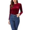 thumbnail image 1 of Unique Bargains Blouse en Velours Extensible à Manches Longues et Col Rond Décontractée pour Femmes Vin m, 1 of 6