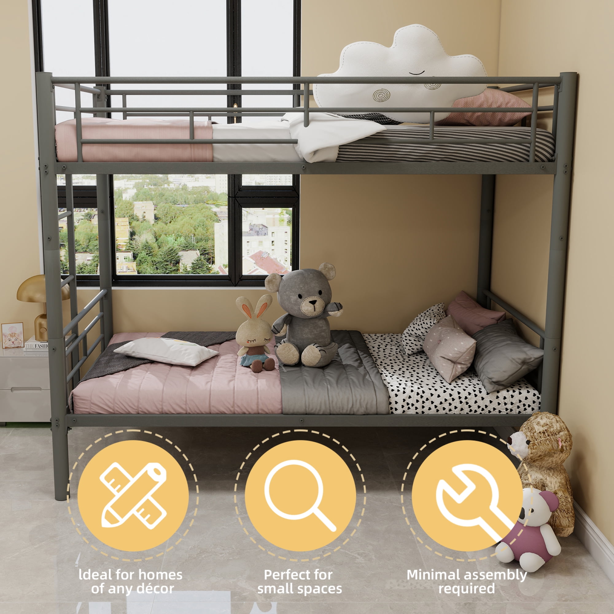 Leumius Twin Over Twin Bunk Bed for Kids Boys Girls, Metal Bunk Bed with Ladders & Guardrail,Convertible 2 Beds,Silver