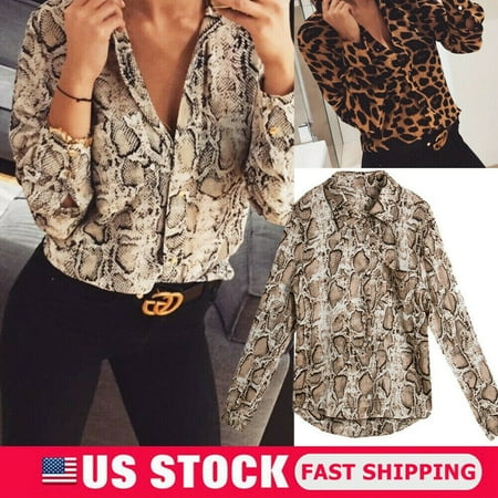Exotic Leopard Print - The Noble Collection Women V Neck Plus Size Leopard Print Long Sleeve Loose T Shirt OL Tops Blouse