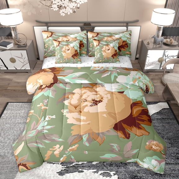 Homewish Vintage Green Flower Twin Bedding Sets 7-Piece for Female, Rustic Farmhouse Bedding Comforter Set, Western Old Fashion Reversible Sheet Sets, Breathable Home Decor