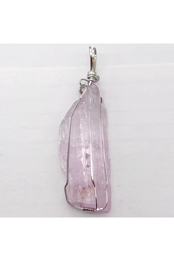 Kunzite Wire-Wrap Pink Crystal Sterling Silver Pendant | 2 5/8 Inch Long |
