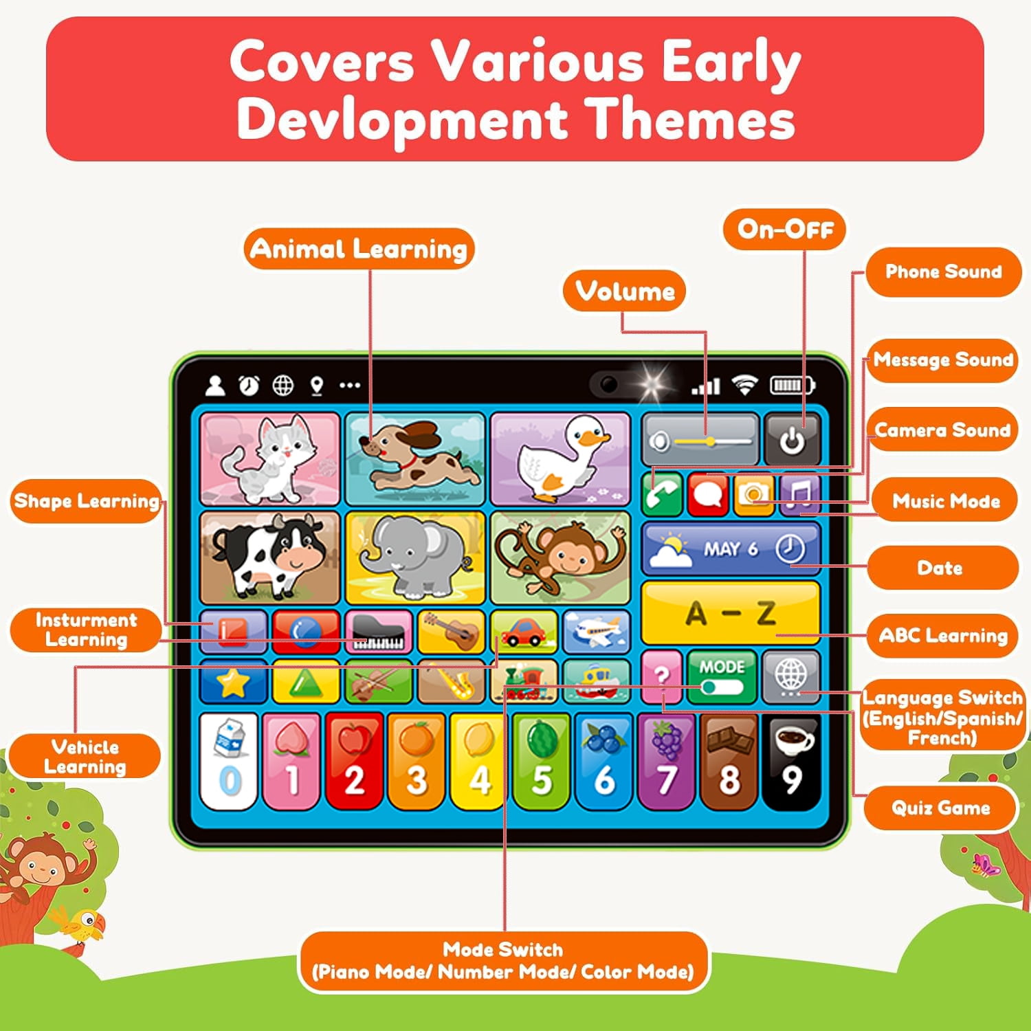 Adofi Trilingual Learning Toys for Toddlers 1-3 Years, Learning Tablet with Music and Lights, Montessori Speech Therapy Toys, STEM Toddler Toys Age 1-3 Gifts, Musical Baby Toys for 1 Year Old