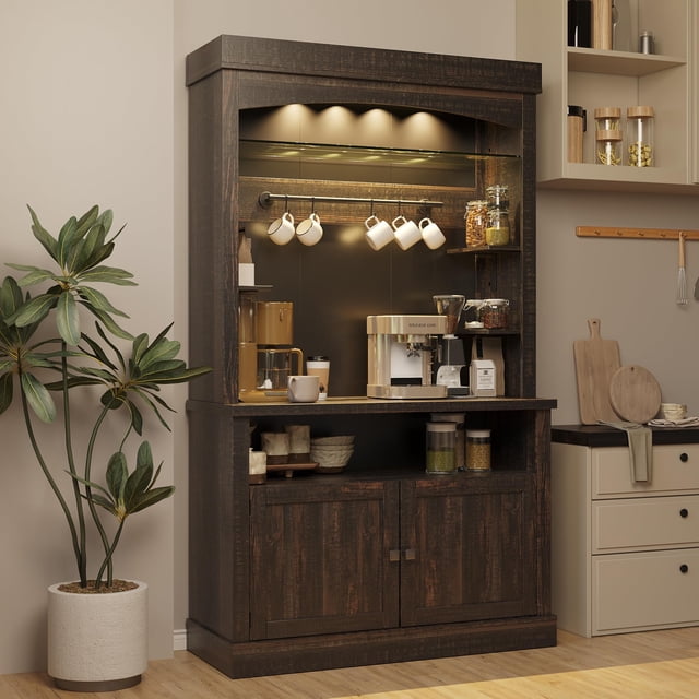 Yiwa Farmhouse Coffee Bar Cabinet, 72 Inch Tall Sideboard with LED Lighting, Storage Hutch, Wine Rack & Glass Shelf