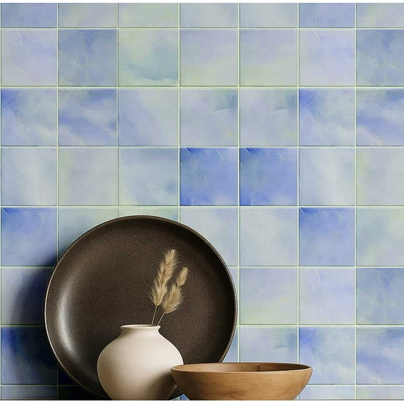 S4Sassy Tile Squares Wallpaper - Blue Wall Covering, 25" X 120" Self-Adhesive Plain Vinyl Wall Paper, Walls Wrap, Cultural Wallpaper For Accent Walls, Living Room, Library