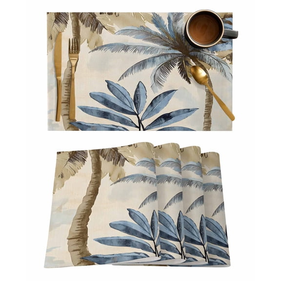 Palm Trees Placemats Set of 4, Blue Brown Vintage Watercolor Tropical Placemats for Dining Table, Place Mats for Kitchen Tabletop, Waterproof Wipeable Dining Table Mats Set