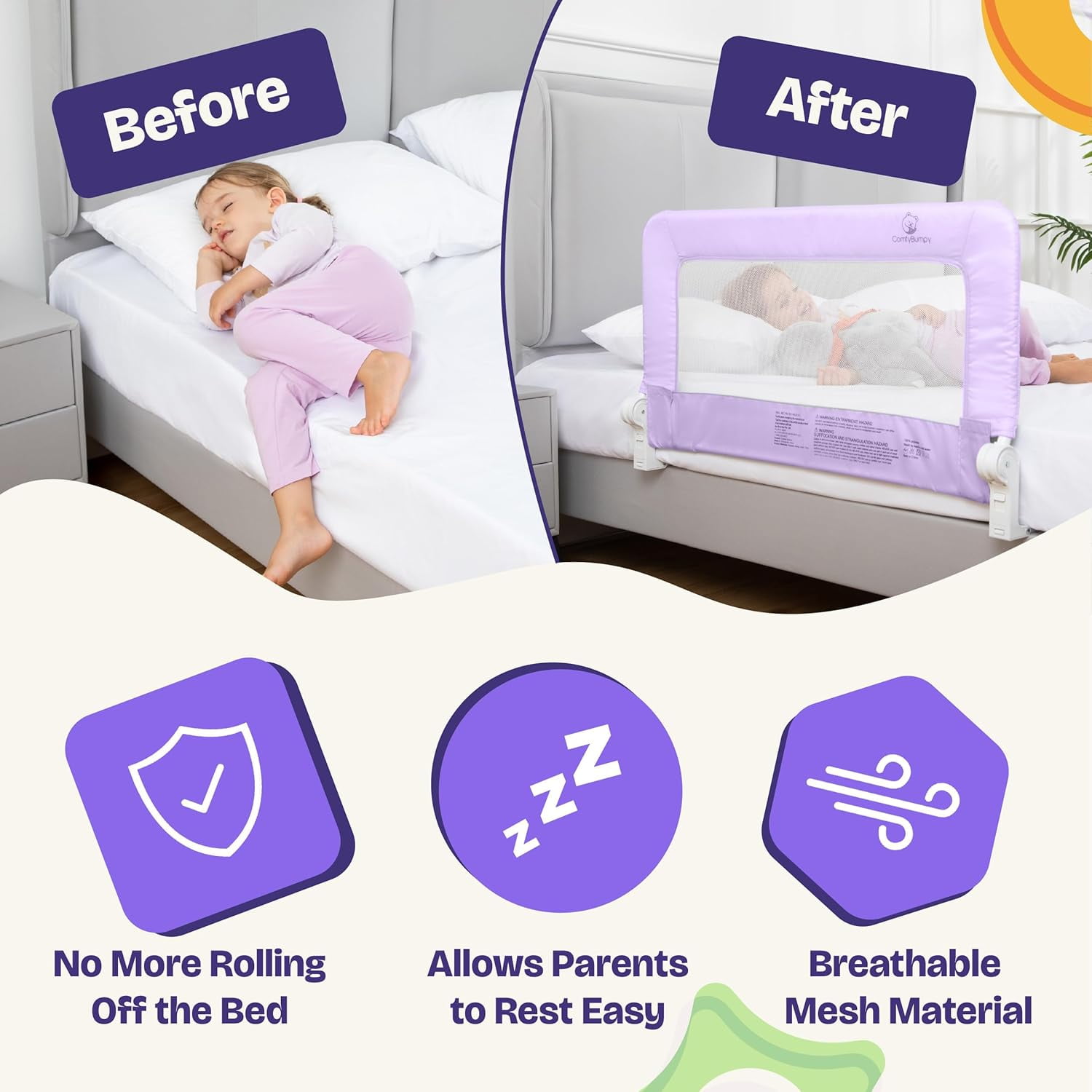ComfyBumpy Toddler Bed Rail Guard, 35.5" x 19.5" Regular Swing Down Rail for Kids Beds, Purple, 1 pack