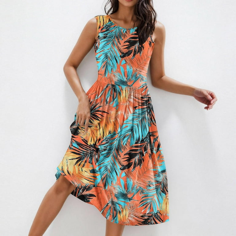 Jtzgdy Women's Summer Tank Midi Dress with Pockets Loose Fit Casual Sleeveless A-Line Dress Crew Neck Floral T-Shirt Dress Flowy Beach Sundress Blue