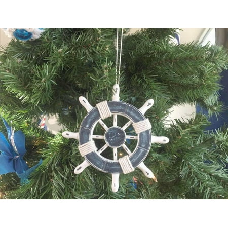 Rustic Dark Blue and White Decorative Ship Wheel Christmas Tree Ornament 6