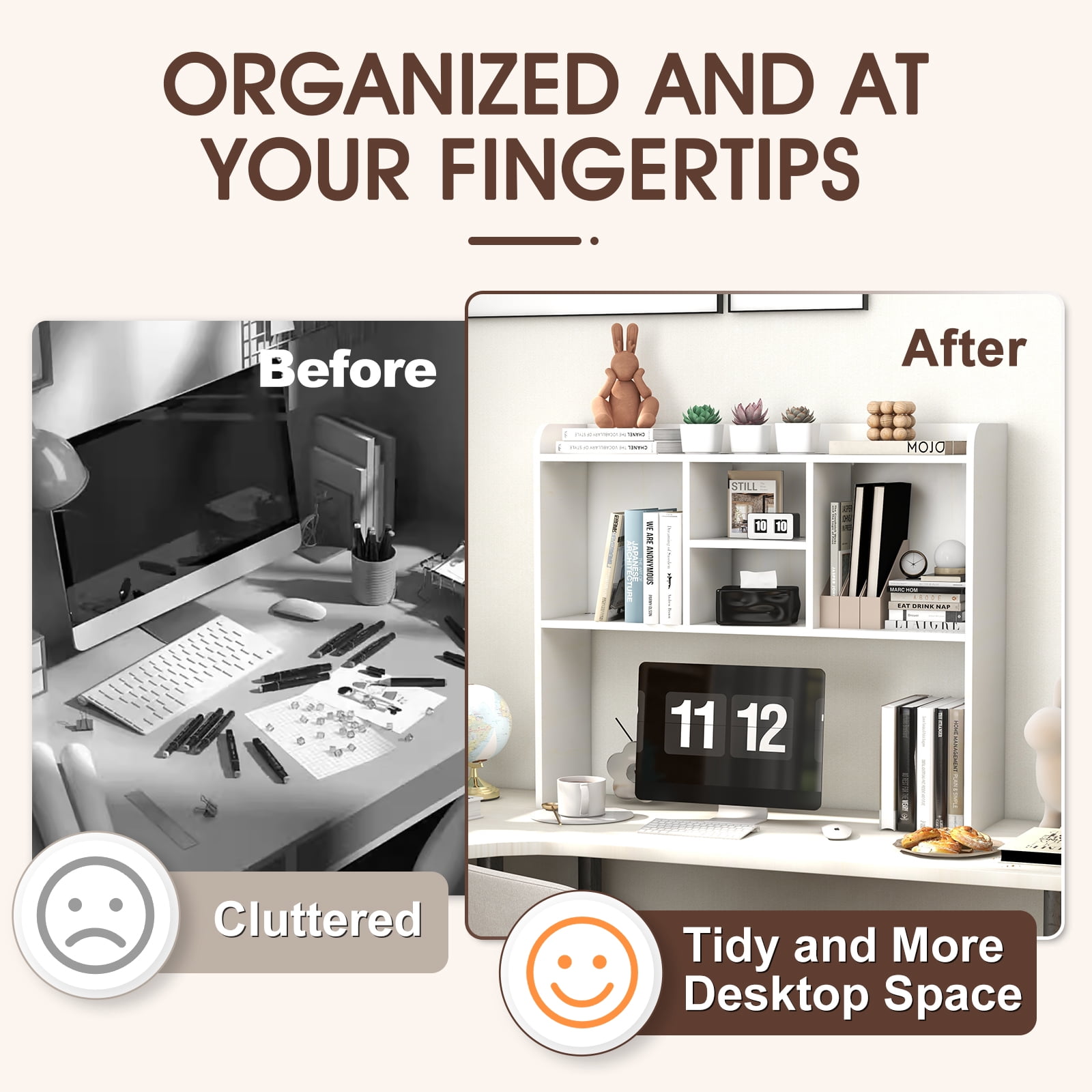 Desktop Bookshelf, Office Desktop Shelf, Wood Desk Hutch for Computer Desk, Adjustable Display Rack, Multipurpose Desktop Bookshelf Storage Organizer, White