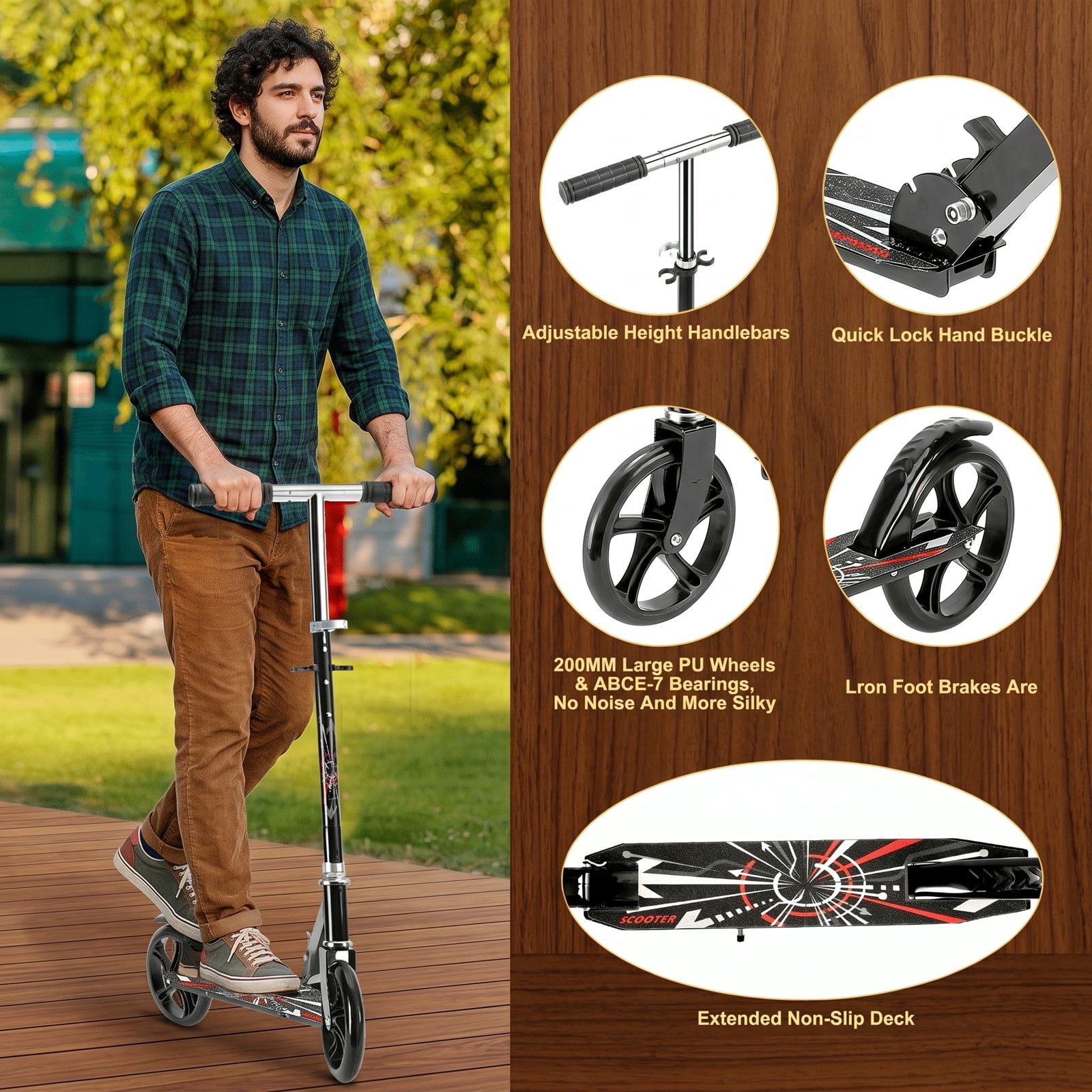 Fenbeli 200mm Folding Kick Scooter for Teens and Adults, Height-Adjustable Commuter Scooter, Black for Convenient Everyday Home Use