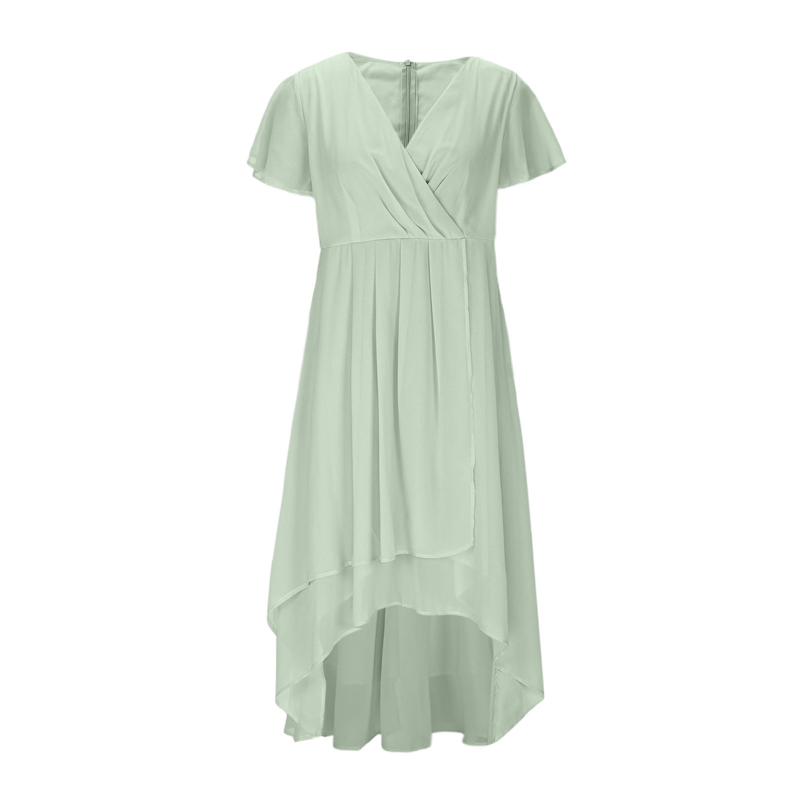 gljltg Women's Solid Color Ruffle Sleeves Pleated V-neck A-line Mid Length Short Sleeve Dress for Women, Girl, Spring, Summer, Suitable for Casual, Daily, Birthday, Dating, Dance