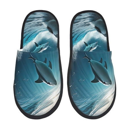 Balery Ice Blue Ocean Cute Dolphin A Slient Indoor Furry Fleece Comfort House Shoes Soft Non-Slip Home Shoes Cotton slippers House Slippers-- Large