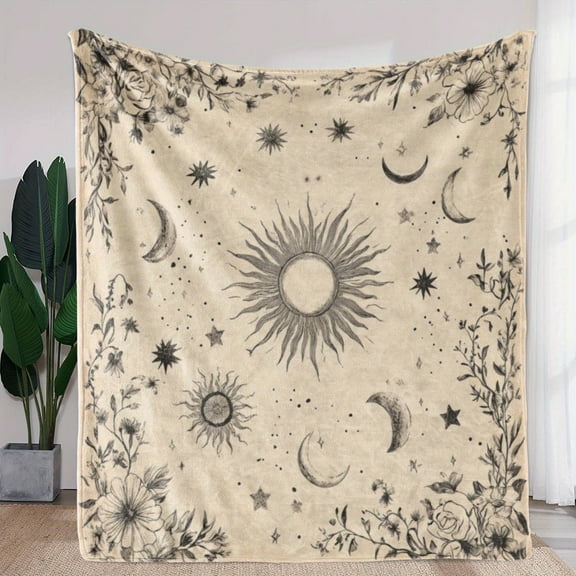 1pc Vintage Sun Moon Floral Print Flannel Blanket, Soft Cozy Warm Polyester 100% Knitted Throw for Sofa Bed Couch Car Office Camping Travel, All Seasons Gift Blanket, 250-300gsm Digital Print