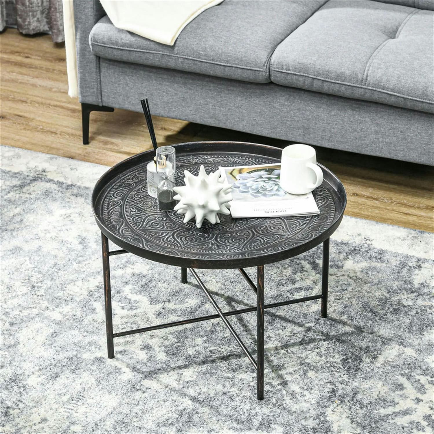 Demi Bonn 24" Round Living Room Coffee Table with Hammered Metal Frame, Pewter for Bedroom, Stylish Center Table, Gray
