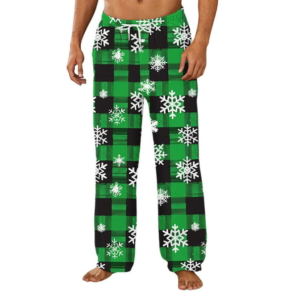 successthop Christmas Flannel Pajama Pants Men Snowflakes Plaid Trousers Elastic Loungewear with Pocket Sleep Bottoms