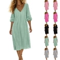 thumbnail image 1 of Sentmoon Robes en Lin Grande Taille Robe d'Invitée de Mariage 2026 Été Robe Formelle Couleur Unie Manches 3/4 Col Ras du Cou Extensible Coupe Régulière Robe Drapée avec Poches Travail P-3TG, 1 of 6