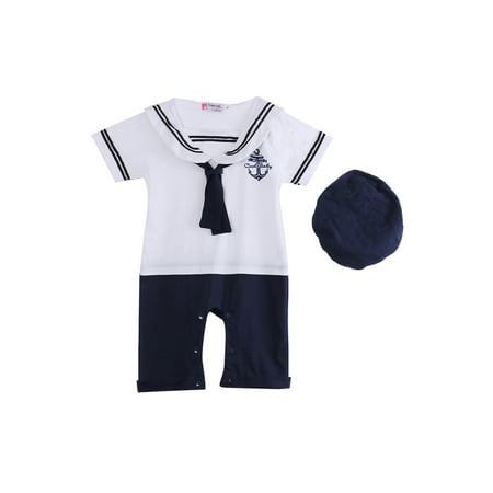

Newborn Infant Baby Boy Girl Sailor Stripe Romper Marine Navy Anchor Captain Jumpsuit One Piece Bodysuit Hat Summer Outfit