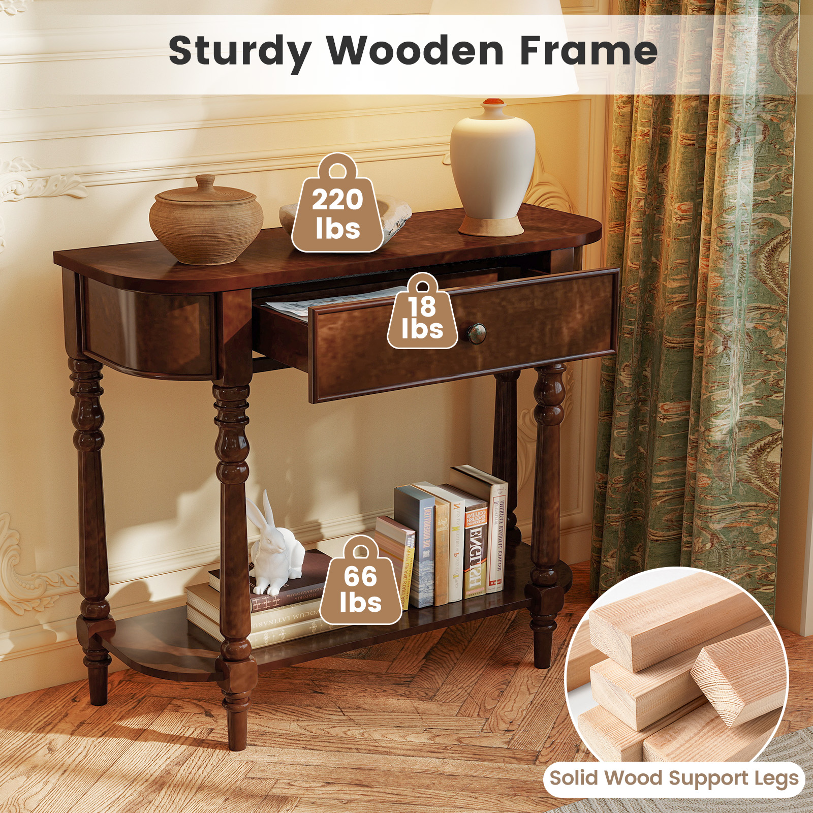 Gymax Retro Console Table 36''L Wooden Entryway Table w/ Storage Drawer & Open Shelf Brown