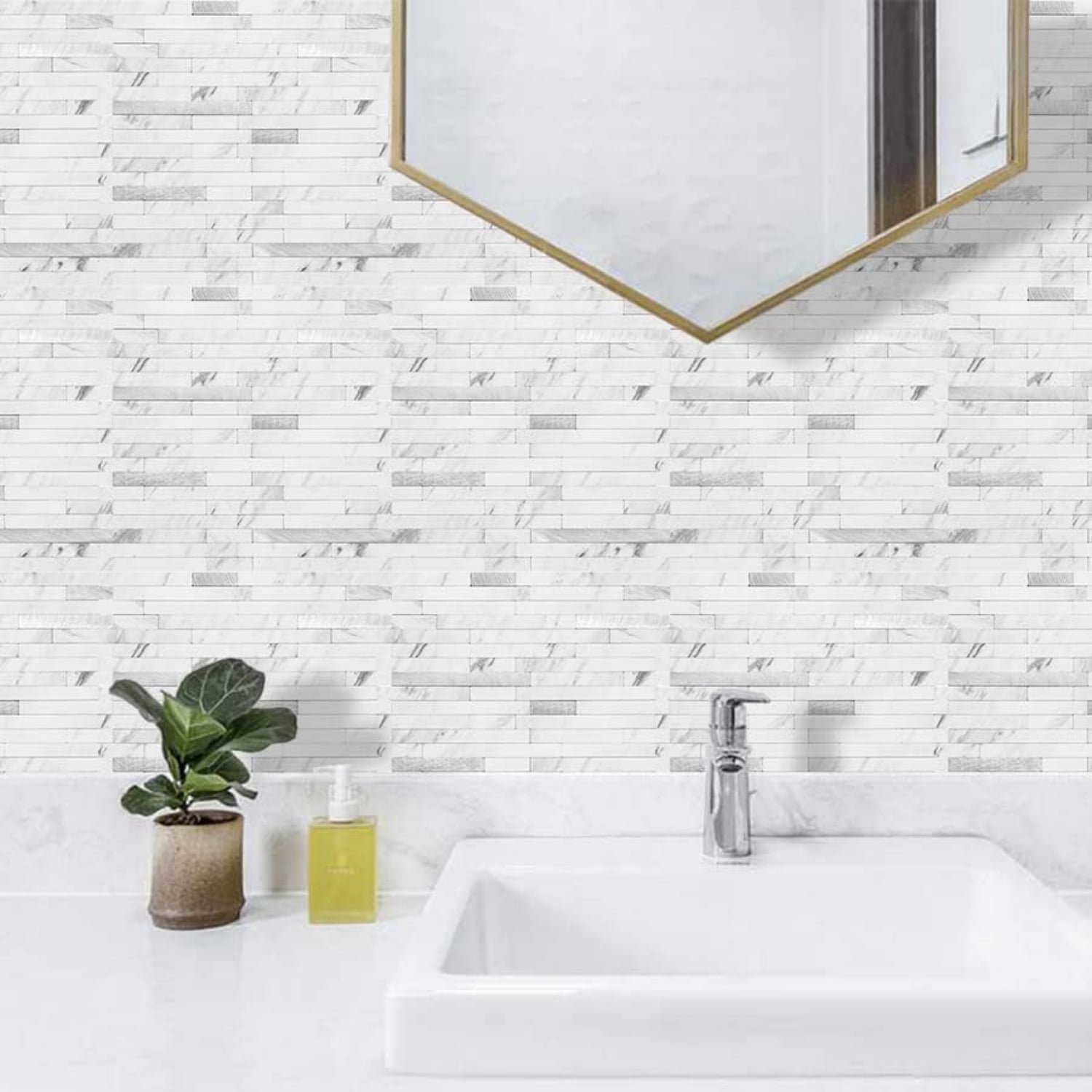 20 Sheets Faux Stone Peel and Stick Backsplash, White Marble Look PVC Wall Tiles Stick on Backsplash for Kitchen
