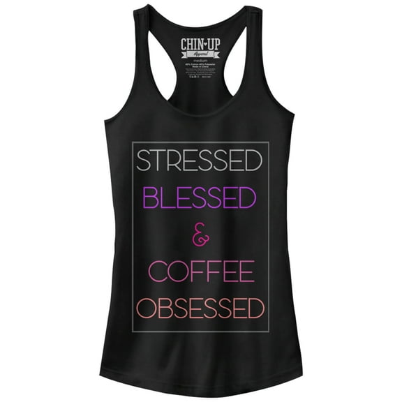 Junior's CHIN UP Stressed Blessed Coffee Obsessed  Racerback Tank Top Black Medium