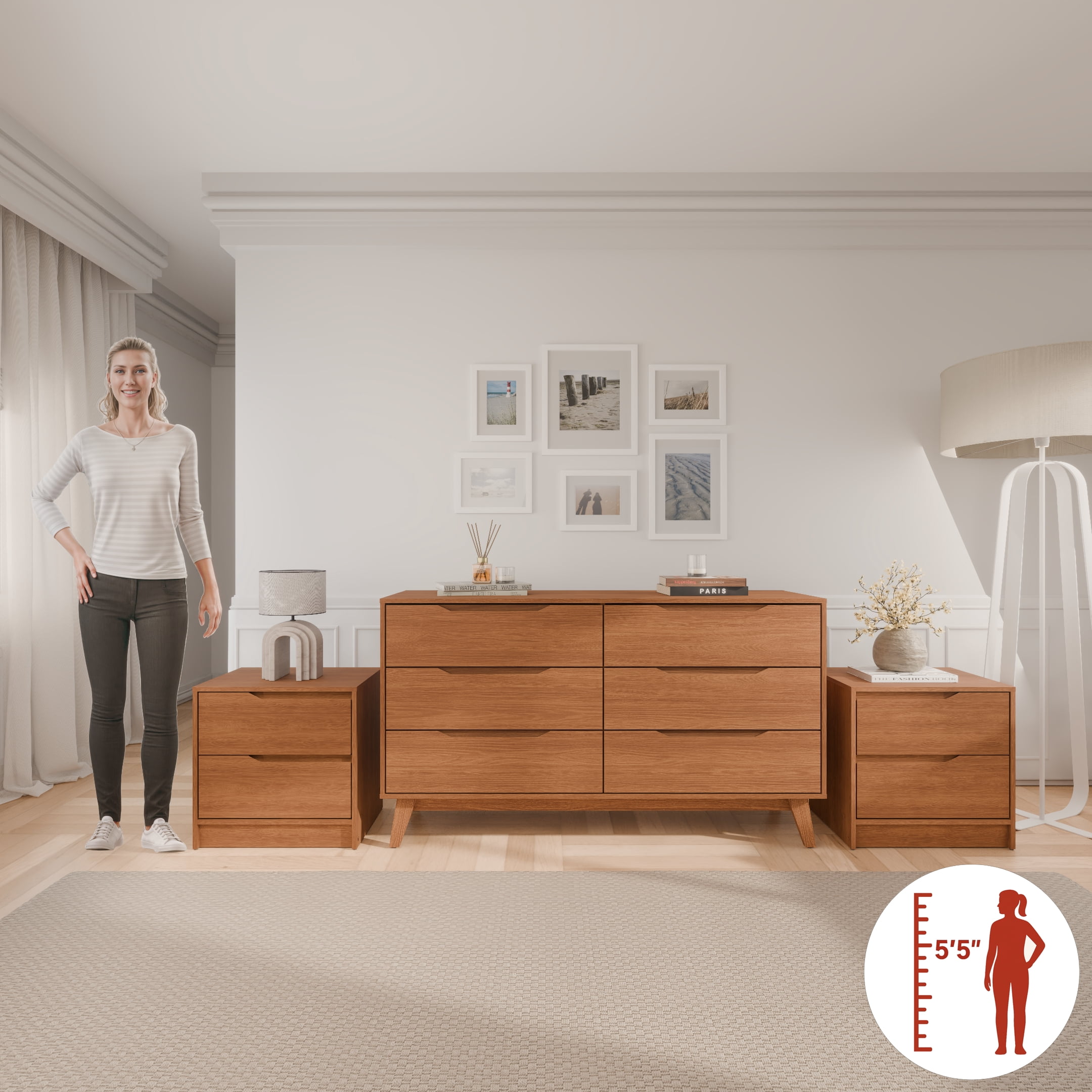 Kappesberg Bedroom Furniture Set with 6-Drawer Dresser and 2 Nightstands Golden Oak – Modern Storage Combo