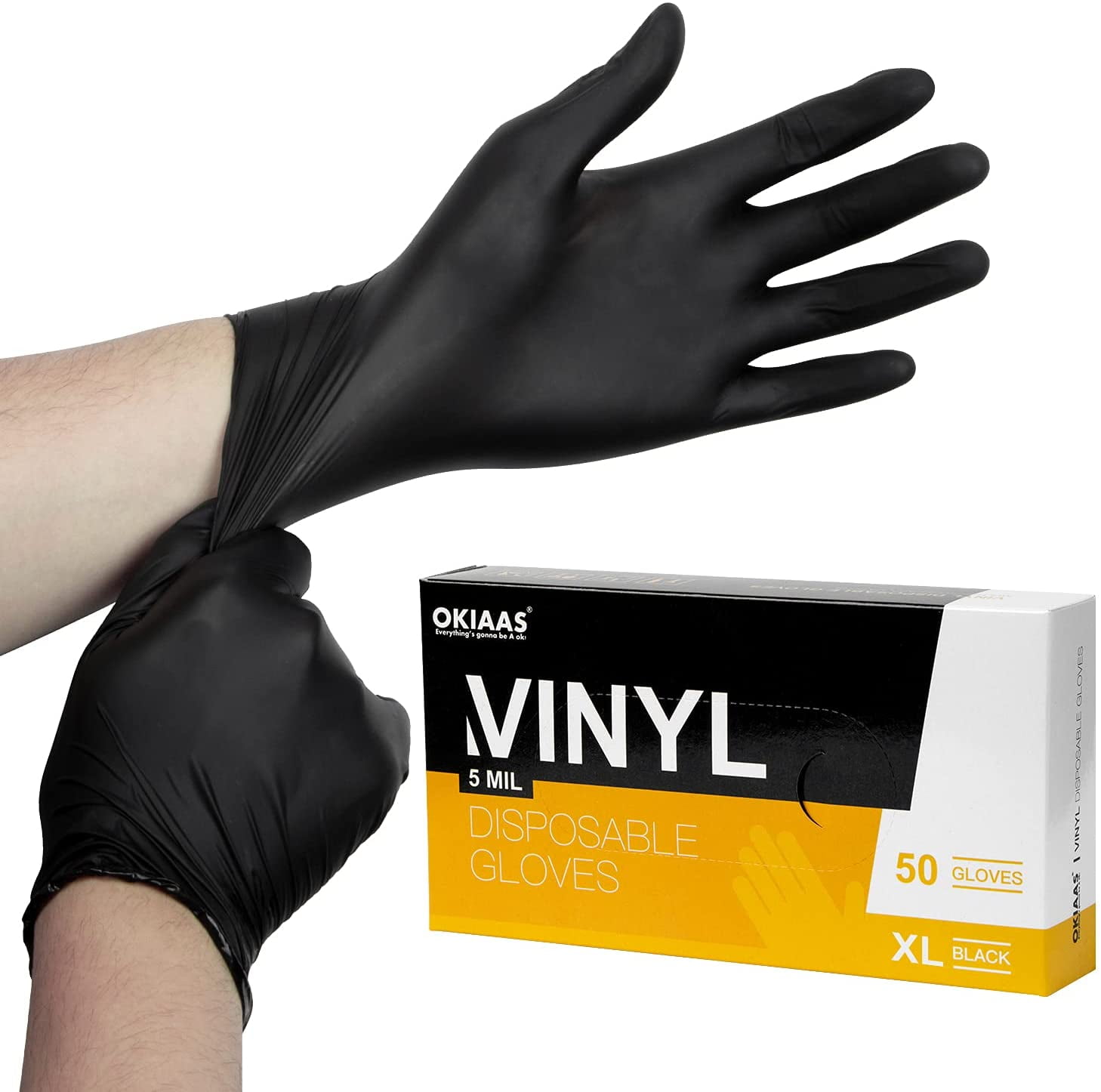 OKIAAS Black Vinyl Disposable Gloves, Latex Free, 5 Mil, 50 Count