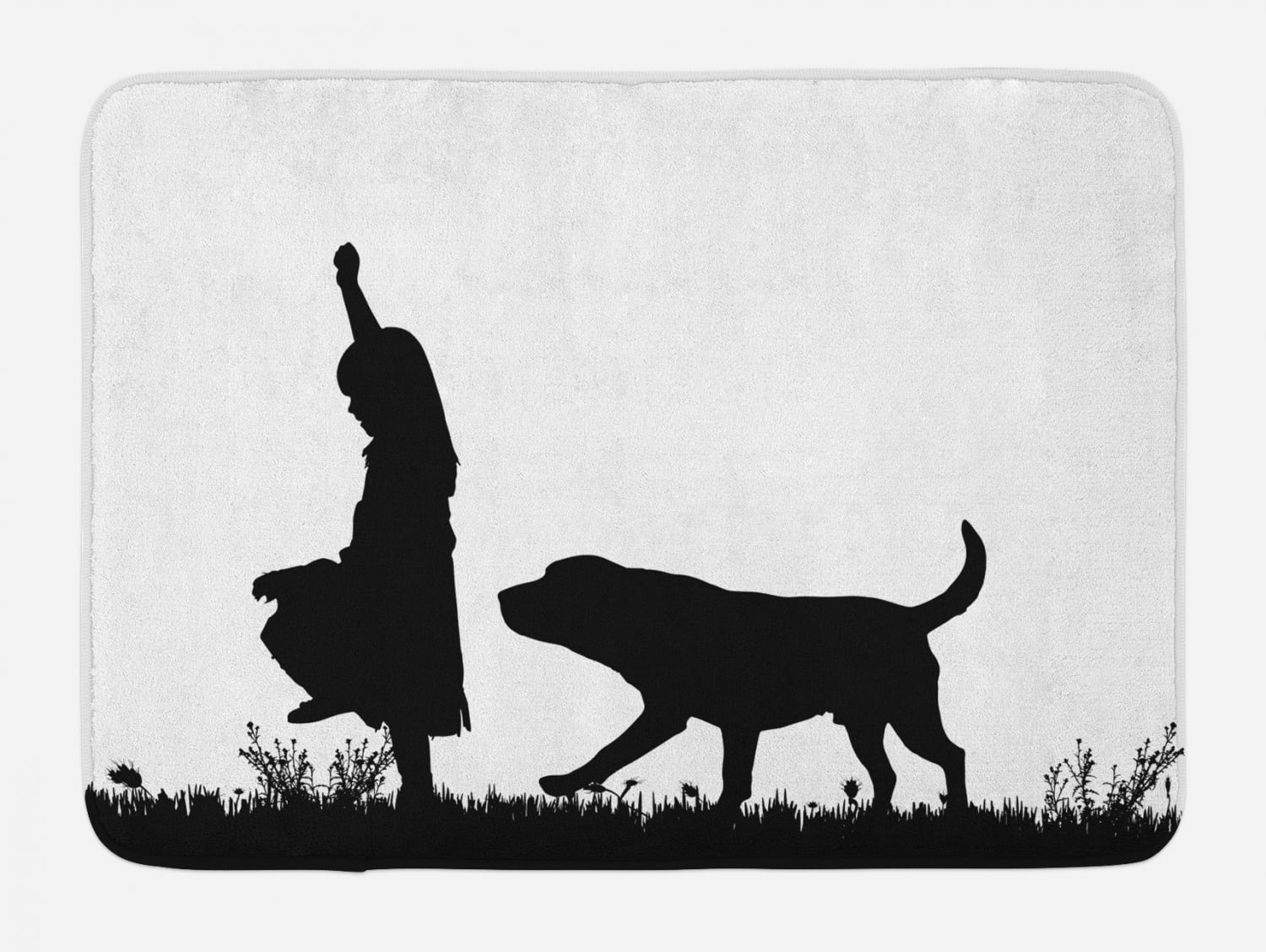 Labrador Bath Mat, Silhouette of Little Girl with Dog Walking in the Park  Pet Care Love Theme, Plush Bathroom Decor Mat with Non Slip Backing, 29.5  X