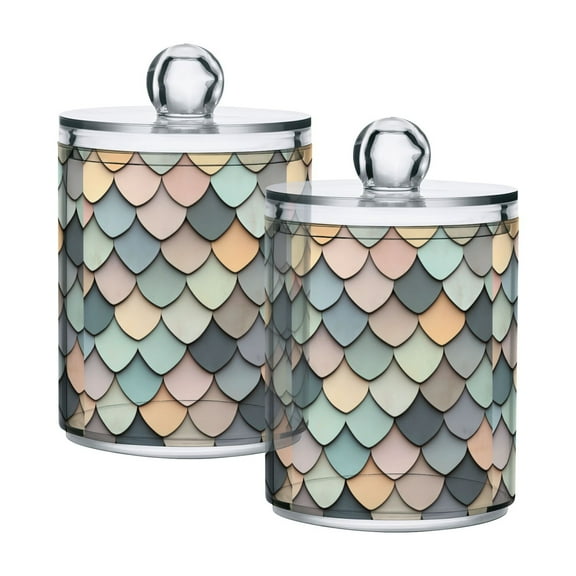 Yayeee 2 Pack Qtip Holder Bathroom Cotton Swab Canister with Lid Clear Dispenser Set, Green Art Pattern