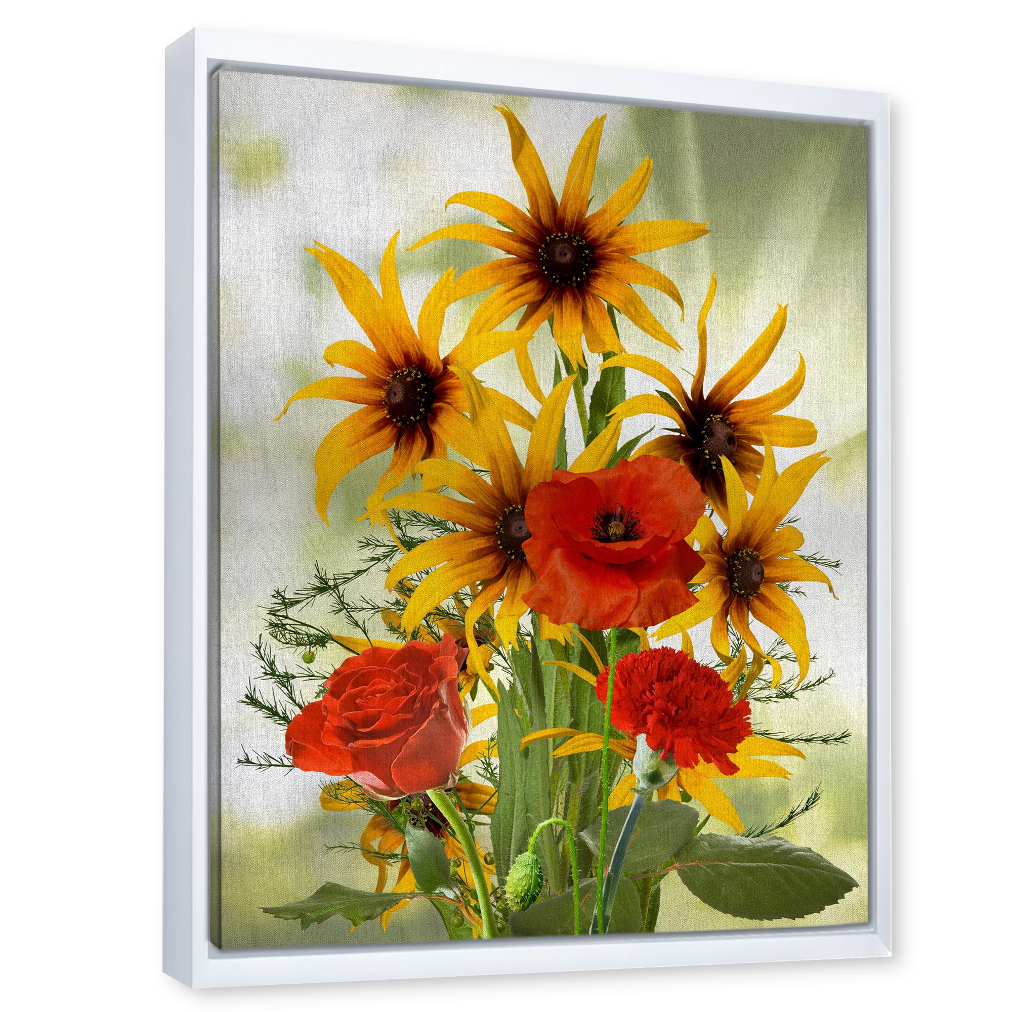 Designart 'Poppies and Sunflowers In The Wild' Traditional Framed Canvas Wall Art Print