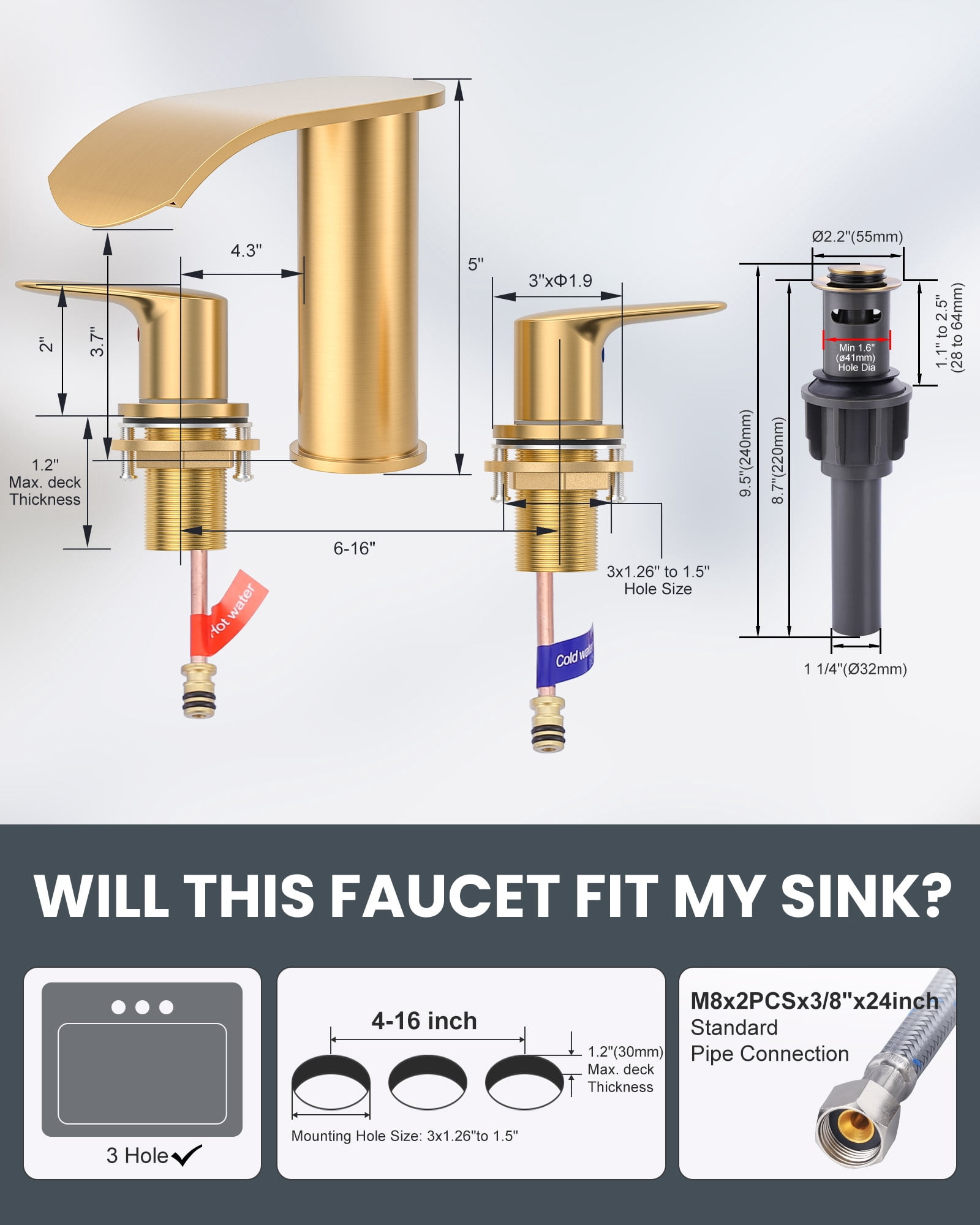 WOWOW Waterfall Bathroom Faucet 3 Holes 8Inch Widespread Bathroom Sink Faucet