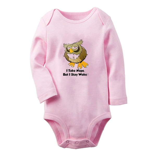 iDzn I Take Nap But I Stay Woke Funny Rompers, Newborn Baby Unisex Bodysuits, Infant Animal Owl Graphic Jumpsuits, Toddler Kids Long Sleeve Oufits (Pink, 0-6 Months)