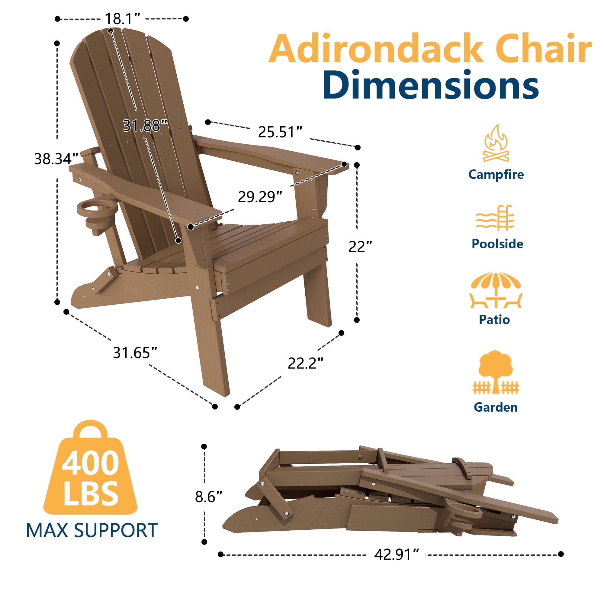 FOOWIN HDPE Folding Adirondack Chair with Cup Holder, Fire Pit Chairs Set of 6, Brown