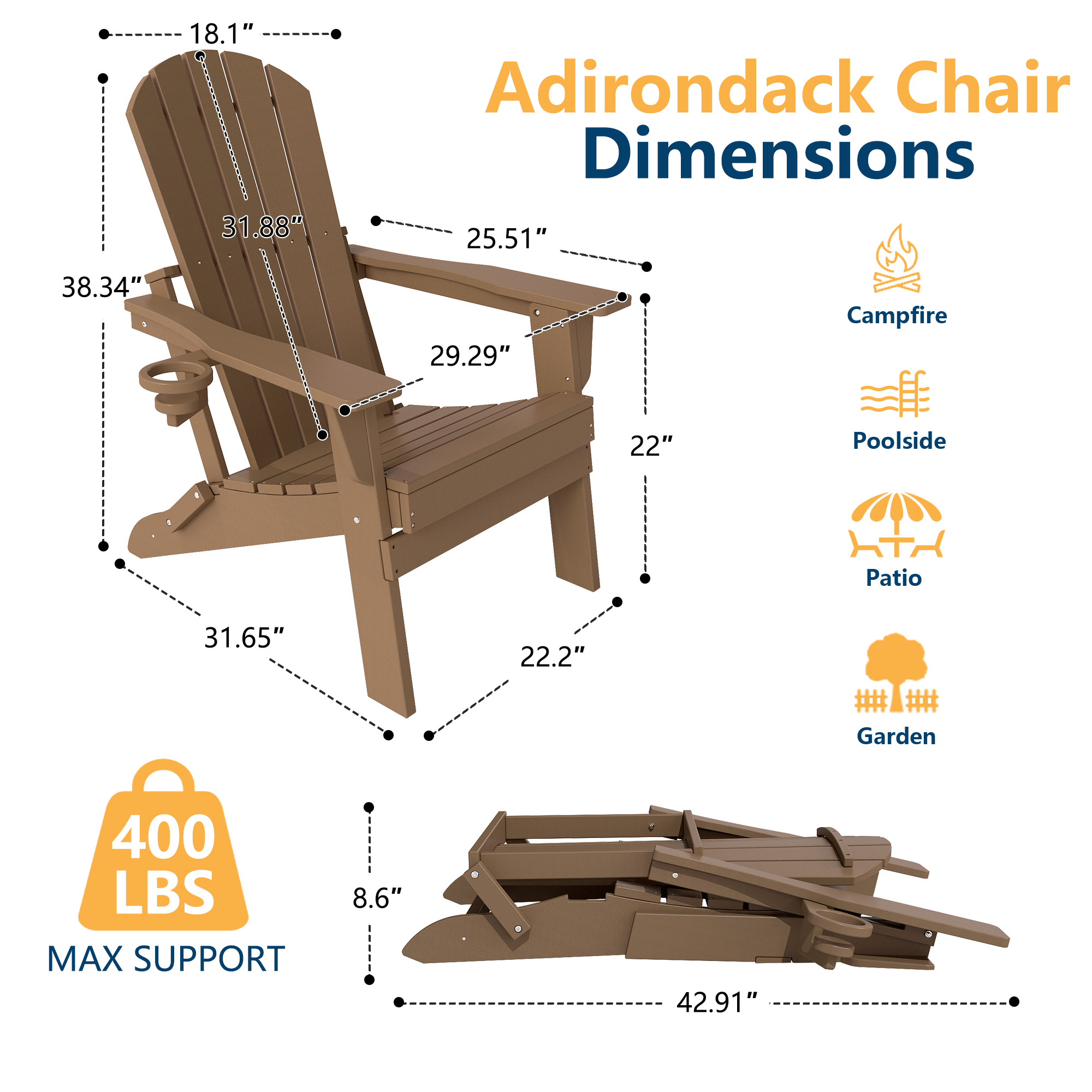 FOOWIN Folding Adirondack Chair with Cup Holder, Brown photo 4