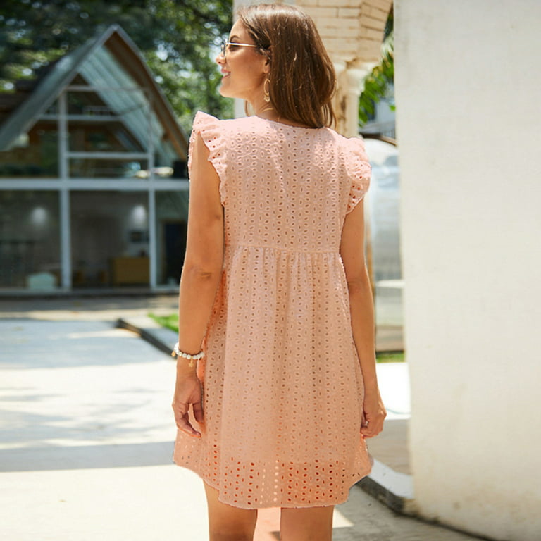 Finelylove Plus Size Pink Dresses For Curvy Women Maxi Dresses For Women  Summer Shirt Dress Knee Length Short Sleeve Solid Pink XL