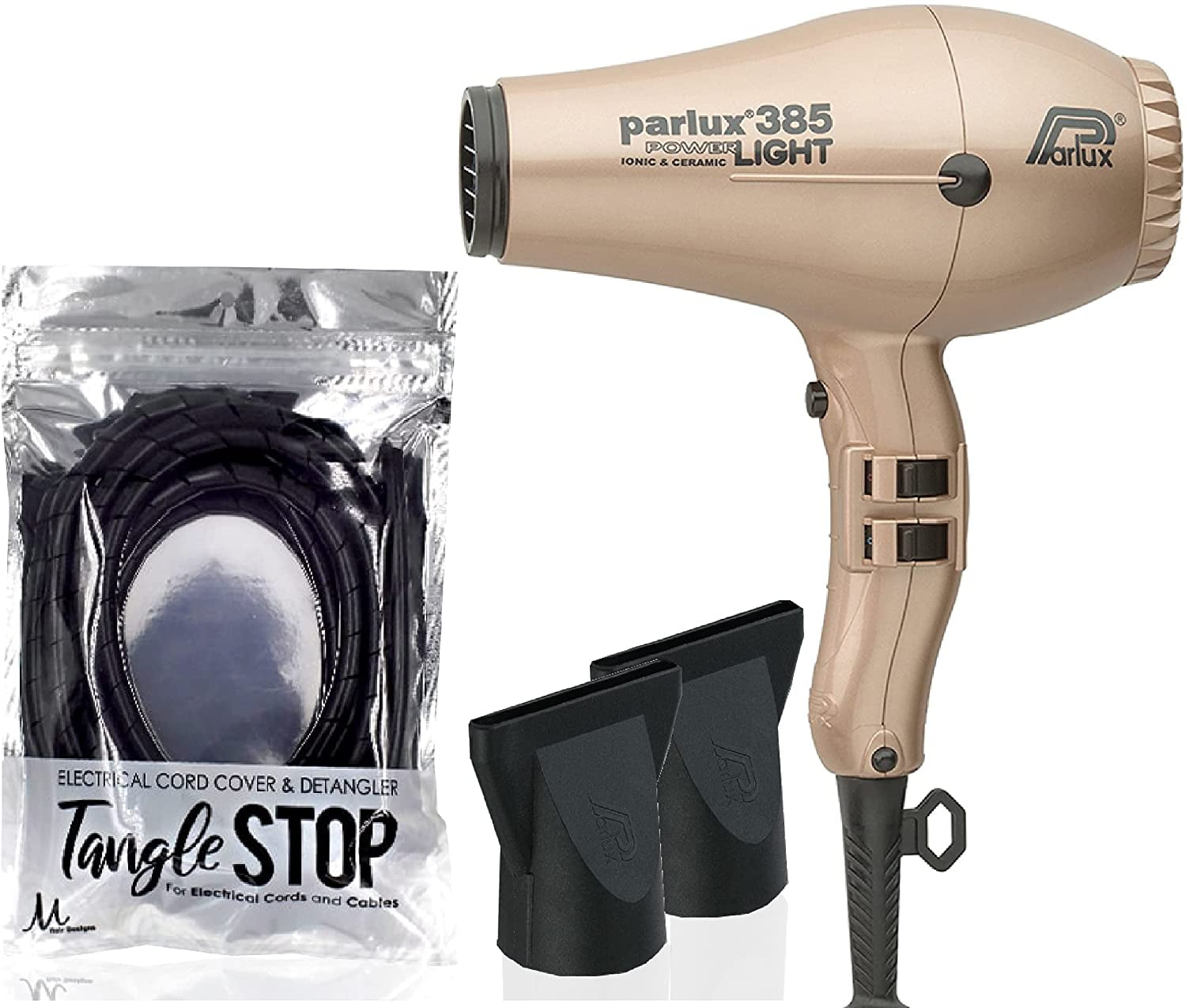 Parlux 385 Powerlight Ionic & Ceramic Light Gold Hair Dryer and Hair Tangle Stop Cord Cover Detangler Black (Bundle - 2 Items) - Walmart.com