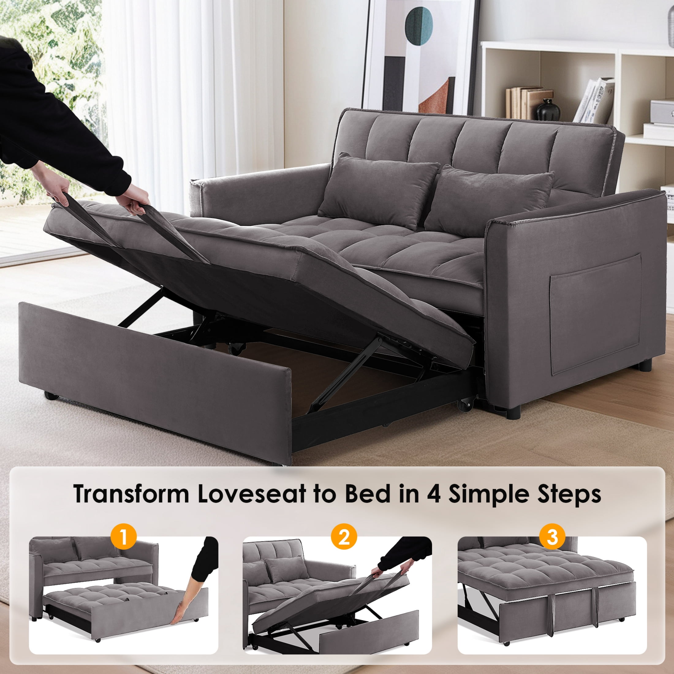 Anpport 3-in-1 Convertible Sleeper Sofa Bed, Pull-Out Loveseat Couch with Adjustable Back for Small Spaces, Velvet Fabric, 55", Dark Gray