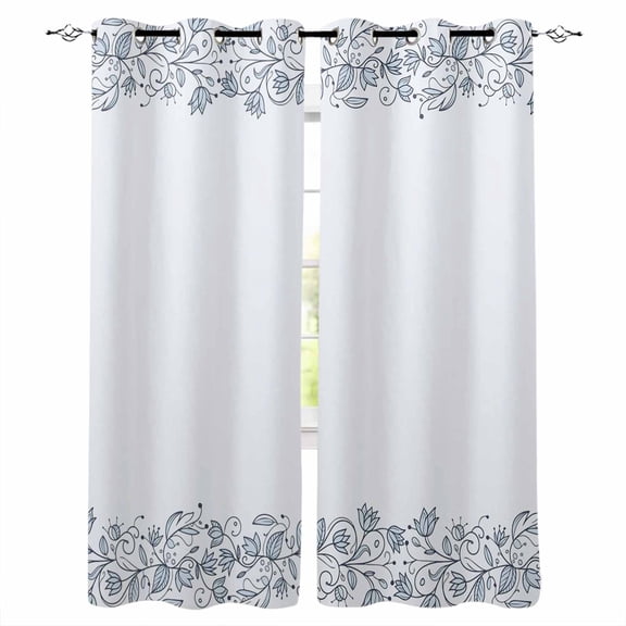 Blue Flower Blackout Curtains for Bedroom/Living Room, Thermal Insulated Kitchen Curtains, Spring Modern Minimalist Country Floral Plant Grommet Darkening Window Treatment Drapes 42"x63"x2