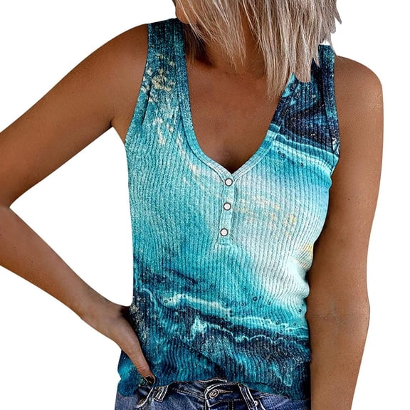 Wang6 Womens Plus Size Tank Tops Summer Ribbed Button up Sleeveless Shirts Causal Slim Fit Tie Dye Tunic T Shirts Tees Sky Blue XL