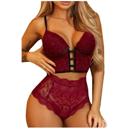 

KDDYLITQ Sexy Lingerie Sets for Women Push Up Plus Size 2 Piece Lace Babydoll High Waisted Bra and Panty Set Deep Red L