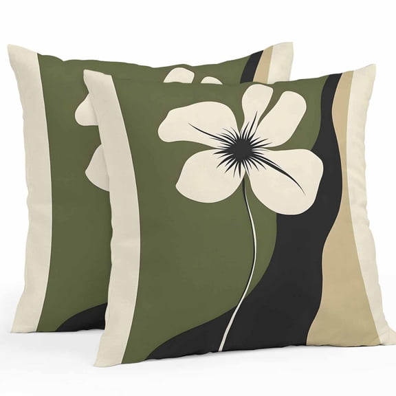 Outdoor Pillow Cover Abstract White Floral Set of 2 Waterproof Throw Pillowcases Green Black Beige Decorative Patio Furniture Pillows for Couch Garden Indoor & Outdoor Use