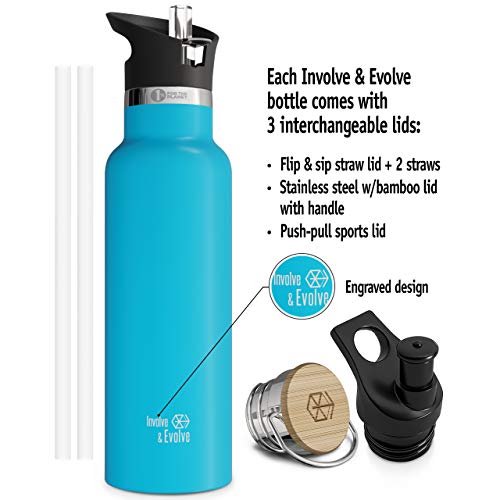 Involve & Evolve Insulated Water Bottle with 3 Lids (Straw Lid) Kids Reusable Double Walled Stainless Steel Flask Metal Thermos 12oz 17oz 20oz 25oz (17 oz, Bare Blue) Involve & Evolve Ver descripción