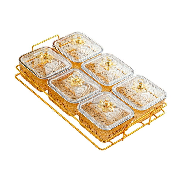 Platos para servir divididos Bandeja de frutas dividida Plato de frutos secos para bodas Frutos secos 6 cuadrícula de oro