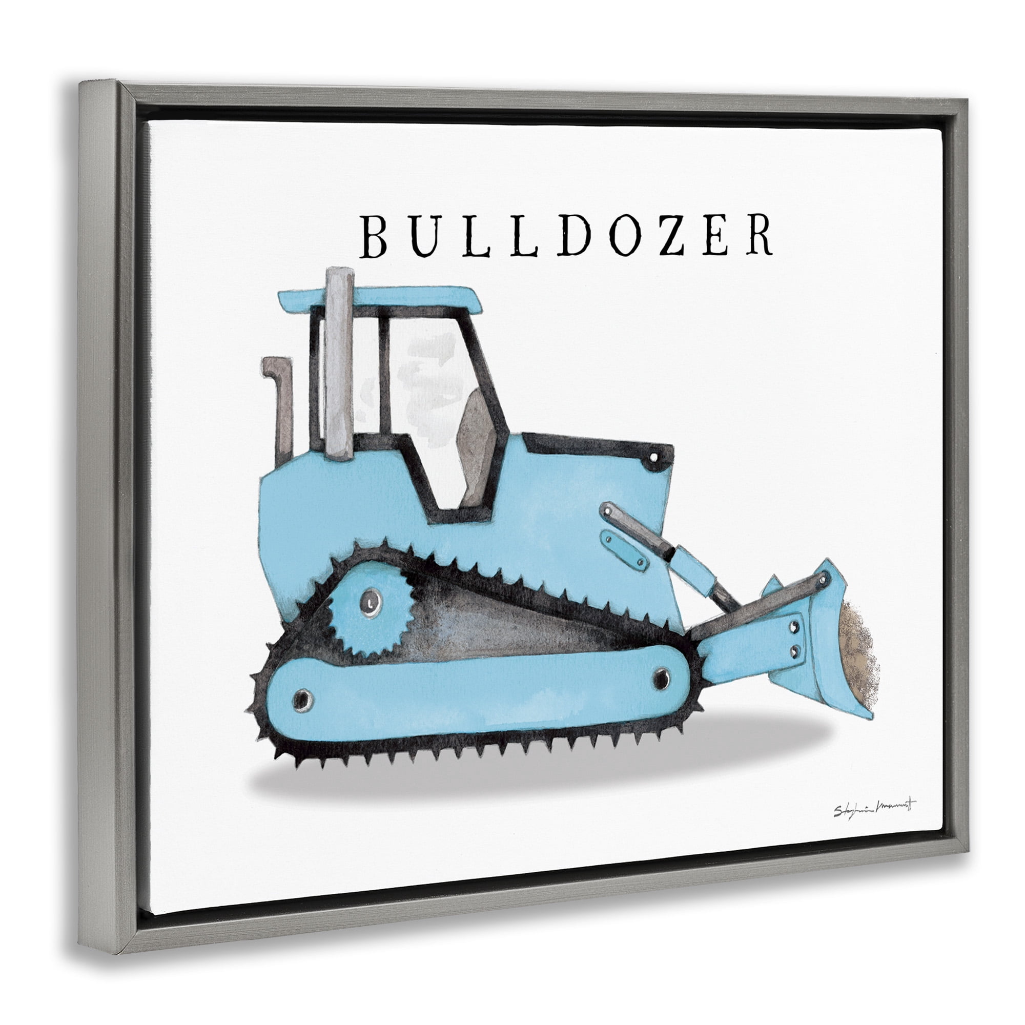 Stupell Industries Blue Bulldozer Construction Machine Art for Kids Painting Gray Floater Framed Canvas Art Print Wall Art, 31 x 25