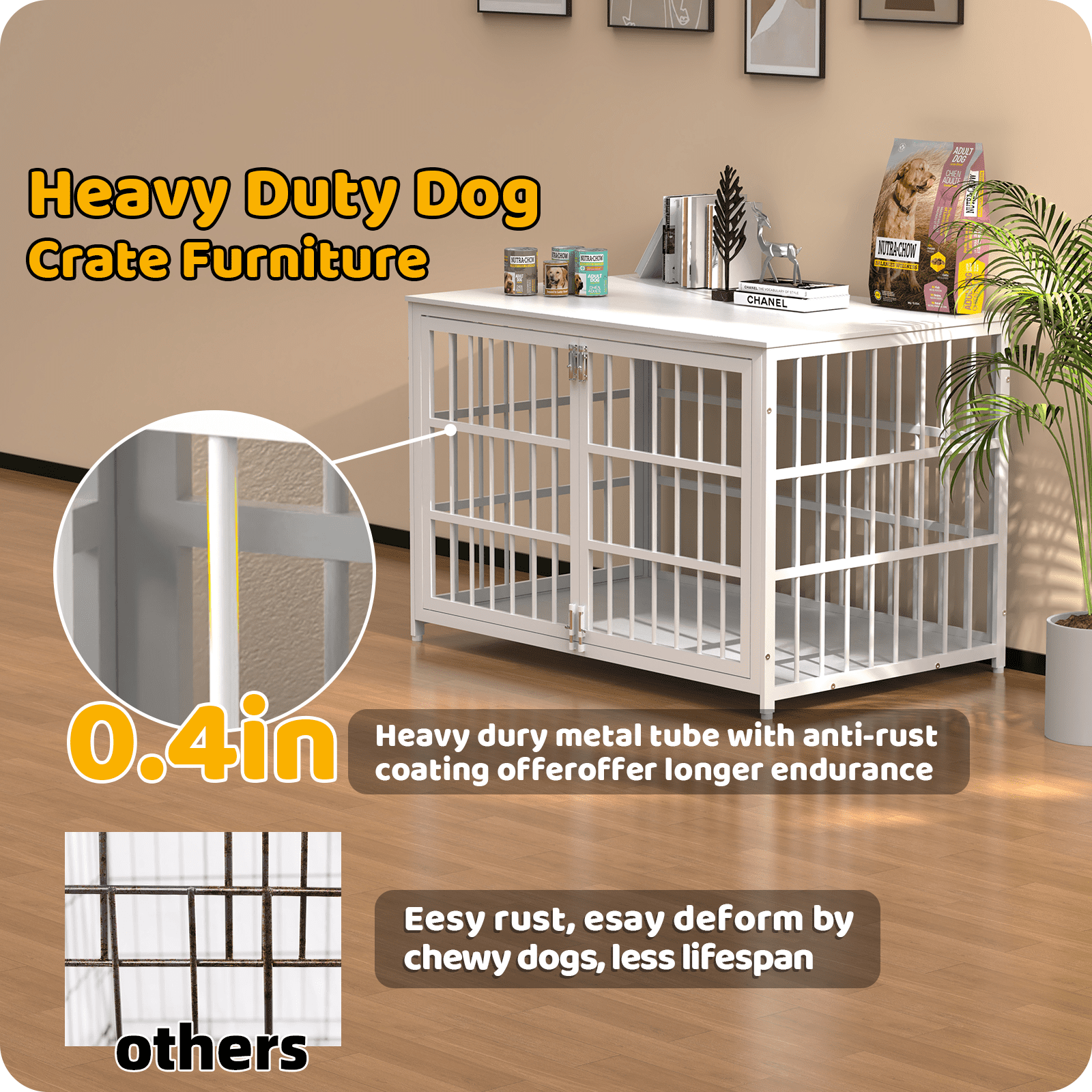 Ironovahome 48" Heavy Duty Dog Crate Furniture, Chew-Proof & Escape-Proof Wooden Dog Cage with Safe Locks & Double Doors, XL Indoor Dog Kennel Pet House for Large Dogs Up to 100lb, White