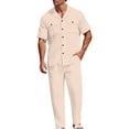 thumbnail image 2 of LEKWK Summer Outfits for Men 2 Piece Button Down Short Sleeve Collared Tops and Drawstring Straight Leg Pants Fashion Loose Fit Beach Vacation Casual Wear, 2 of 8
