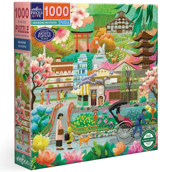 eeBoo Piece & Love: Seasons in Kyoto - 1000 Piece Puzzle - 23" Square Adult Jigsaw, Jennifer Potter's Japanese Seasonal Beauty Scene, Eco-Friendly