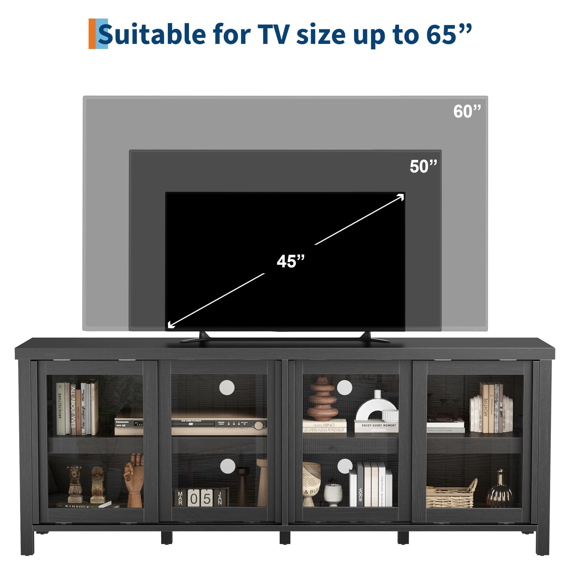 62" Farmhouse TV Stand for TVs up to 75 Inch - Entertainment Center with Glass Sliding Doors & Adjustable Shelves - Large Storage Media Console for Living Room & Bedroom - Black / Gray / Retro